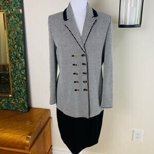 St. John Size 6 Skirt Suit w/ Houndstooth Blazer Jacket Santana Knit Career Work